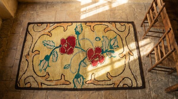 Antique american hooked rug america yellow 1920s 2 Antique american hooked rug america yellow 1920s (sku 18431) - styled overhead view