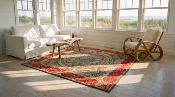 Antique american hooked wool & cotton ivory square rug 9 Antique american hooked wool & cotton ivory square rug (sku 25526) - room view
