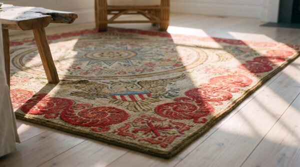 Antique american hooked wool & cotton ivory square rug 10 Antique american hooked wool & cotton ivory square rug (sku 25526) - in-room detail