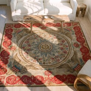 Antique American Hooked Wool & Cotton Ivory Square Rug (SKU 25526) - styled overhead view
