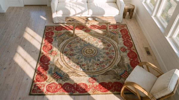 Antique american hooked wool & cotton ivory square rug 2 Antique american hooked wool & cotton ivory square rug (sku 25526) - styled overhead view