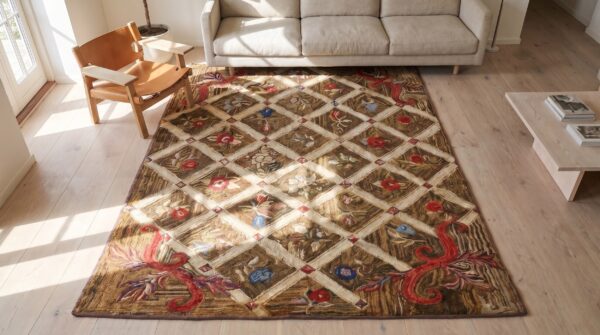 Antique american hooked rug american brown 1870s 2 Antique american hooked rug american brown 1870s (sku 20186) - styled overhead view
