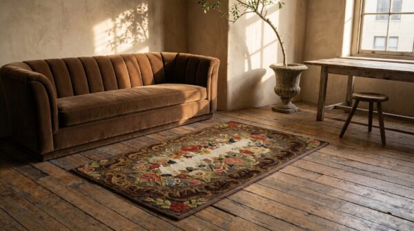 Antique american hooked rug american brown 1890s 4 Antique american hooked rug american brown 1890s (sku 18628) - room view