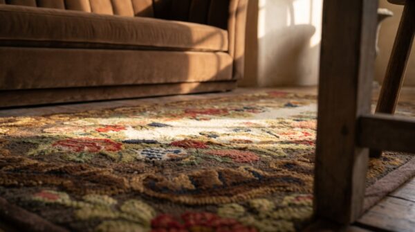 Antique american hooked rug american brown 1890s 5 Antique american hooked rug american brown 1890s (sku 18628) - in-room detail