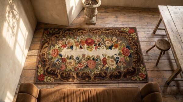 Antique american hooked rug american brown 1890s 2 Antique american hooked rug american brown 1890s (sku 18628) - styled overhead view