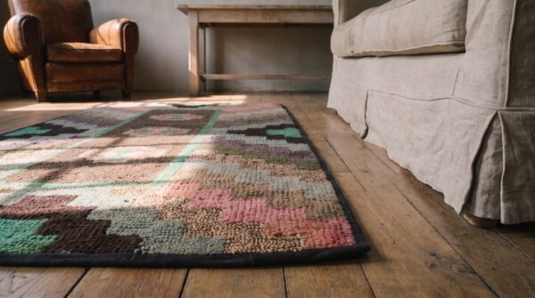Antique american hooked rug american brown 1920s brown 7 Antique american hooked rug american brown 1920s brown (sku 20521) - in-room detail