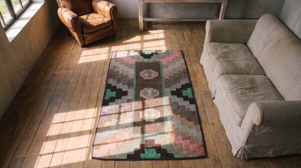 Antique american hooked rug american brown 1920s brown 2 Antique american hooked rug american brown 1920s brown (sku 20521) - styled overhead view