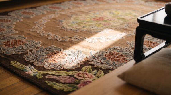 Antique american hooked wool brown earth tone rug 8 Antique american hooked wool brown earth tone rug (sku 20166) - in-room detail