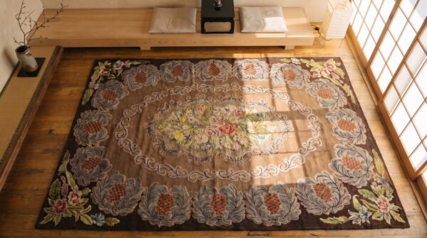 Antique american hooked wool brown earth tone rug 2 Antique american hooked wool brown earth tone rug (sku 20166) - styled overhead view