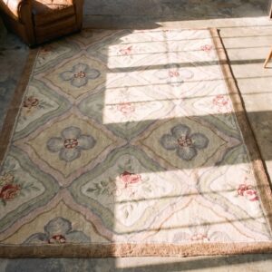 Antique American Hooked Rug Canada Hooked - Loop Pile (SKU 19243) - styled overhead view