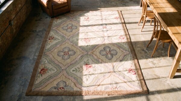 Antique american hooked rug canada hooked - loop pile (sku 19243) - styled overhead view