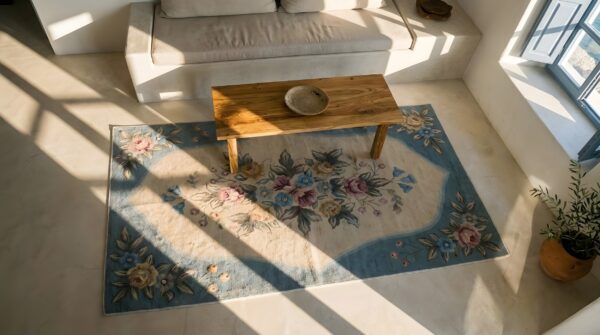 Antique american hooked canada - loop pile rug 2 Antique american hooked canada - loop pile rug (sku 25378) - styled overhead view