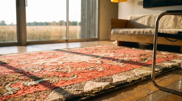 Antique american hooked rug american coral 1900s 9 Antique american hooked rug american coral 1900s (sku 20185) - in-room detail