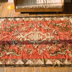Antique American Hooked Rug American Coral 1900s (SKU 20185) - styled overhead view