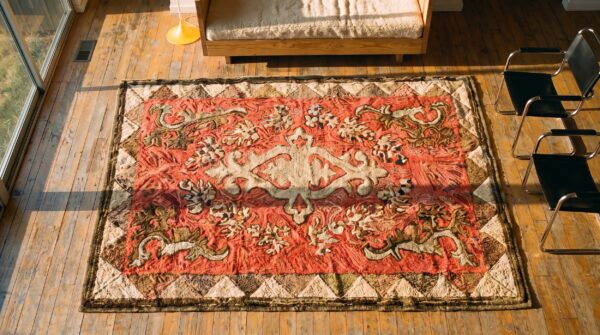 Antique american hooked rug american coral 1900s 2 Antique american hooked rug american coral 1900s (sku 20185) - styled overhead view