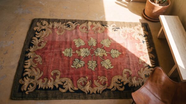Antique american hooked rug american coral 1930s 2 Antique american hooked rug american coral 1930s (sku 20022) - styled overhead view
