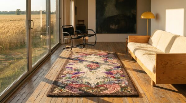 Antique american hooked rug american floral ivory 1935 6 Antique american hooked rug american floral ivory 1935 (sku 17169) - room view