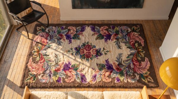 Antique american hooked rug american floral ivory 1935 2 Antique american hooked rug american floral ivory 1935 (sku 17169) - styled overhead view