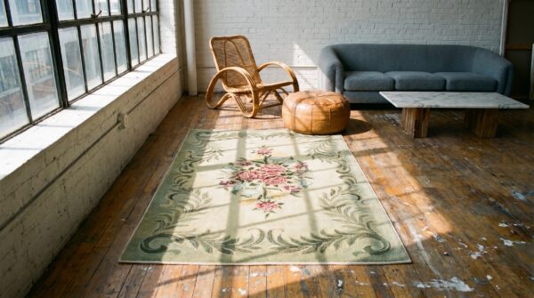 Antique american hooked floral medallion rug 4 Antique american hooked floral medallion rug (sku 17244) - room view