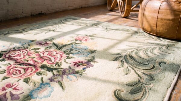 Antique american hooked floral medallion rug 5 Antique american hooked floral medallion rug (sku 17244) - in-room detail