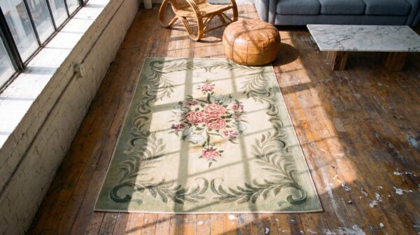 Antique american hooked floral medallion rug 2 Antique american hooked floral medallion rug (sku 17244) - styled overhead view
