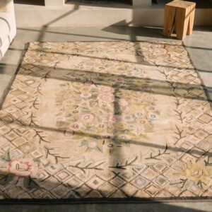 Antique American Hooked Floral Medallion Wool Ivory Beige Cream White 1930s Rug (SKU 18023) - styled overhead view