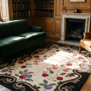 Antique American Hooked Floral Medallion Wool Ivory Beige Cream White 1900s Rug (SKU 19907) - room view