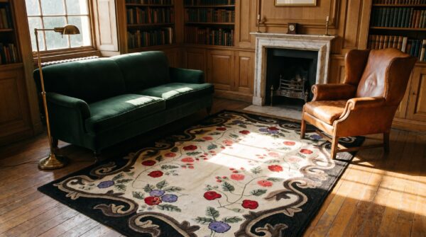 Antique american hooked floral medallion wool ivory beige cream white 1900s rug 7 Antique american hooked floral medallion wool ivory beige cream white 1900s rug (sku 19907) - room view
