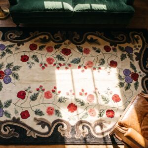 Antique American Hooked Floral Medallion Wool Ivory Beige Cream White 1900s Rug (SKU 19907) - styled overhead view