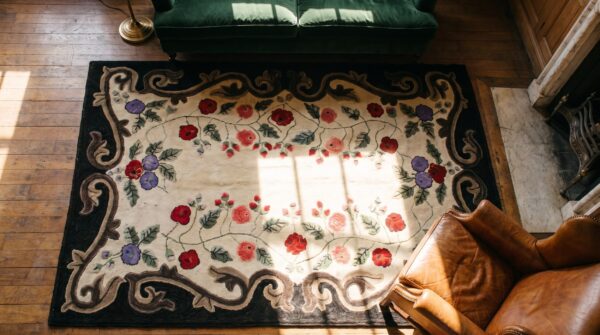 Antique american hooked floral medallion wool ivory beige cream white 1900s rug 2 Antique american hooked floral medallion wool ivory beige cream white 1900s rug (sku 19907) - styled overhead view
