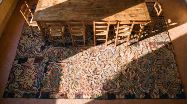 Antique american hooked folk art rug from america 2 Antique american hooked folk art rug from america (sku 24211) - styled overhead view
