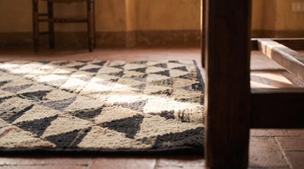 Antique american hooked folk art square rug - charcoal and cream diamond pattern 9 Antique american hooked folk art square rug - charcoal and cream diamond pattern (sku 20097) - in-room detail