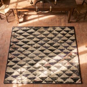 Antique American Hooked Folk Art Square Rug - Charcoal and Cream Diamond Pattern (SKU 20097) - styled overhead view
