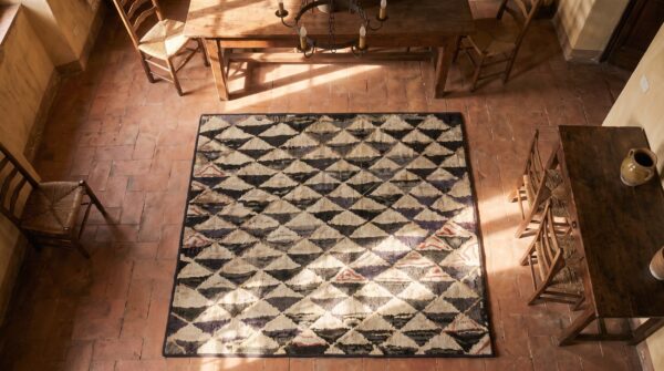 Antique american hooked folk art square rug - charcoal and cream diamond pattern 2 Antique american hooked folk art square rug - charcoal and cream diamond pattern (sku 20097) - styled overhead view