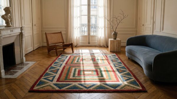 Antique american hooked rug american geometric ivory 1920s 9 Antique american hooked rug american geometric ivory 1920s (sku 17167) - room view