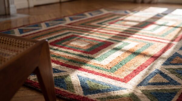 Antique american hooked rug american geometric ivory 1920s 10 Antique american hooked rug american geometric ivory 1920s (sku 17167) - in-room detail