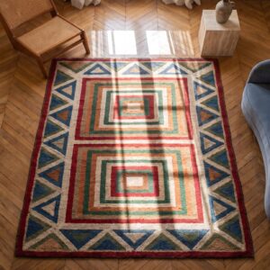 Antique American Hooked Rug American Geometric Ivory 1920s (SKU 17167) - styled overhead view