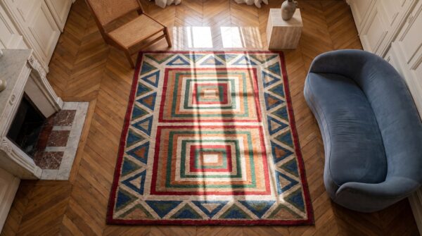 Antique american hooked rug american geometric ivory 1920s 2 Antique american hooked rug american geometric ivory 1920s (sku 17167) - styled overhead view