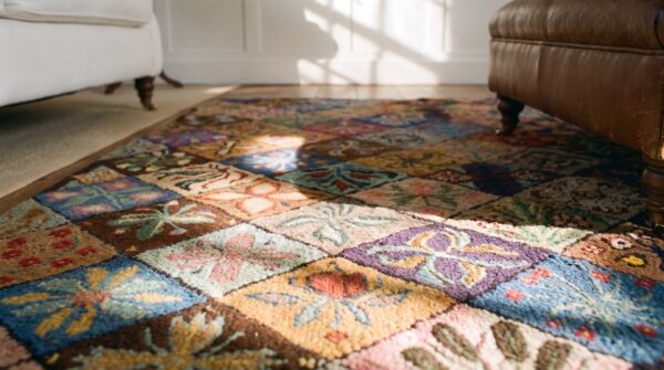 Antique american hooked rug american geometric hooked - loop pile 10 Antique american hooked rug american geometric hooked - loop pile (sku 24902) - in-room detail