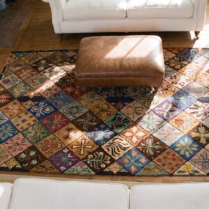 Antique American Hooked Rug American Geometric Hooked - Loop Pile (SKU 24902) - styled overhead view