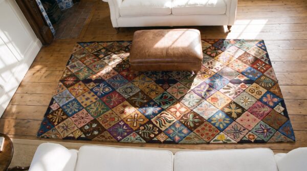 Antique american hooked rug american geometric hooked - loop pile 2 Antique american hooked rug american geometric hooked - loop pile (sku 24902) - styled overhead view