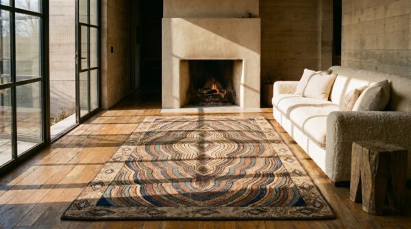 Antique american hooked geometric medallion wool multicolor jewel tones 1930s rug 8 Antique american hooked geometric medallion wool multicolor jewel tones 1930s rug (sku 20072) - room view