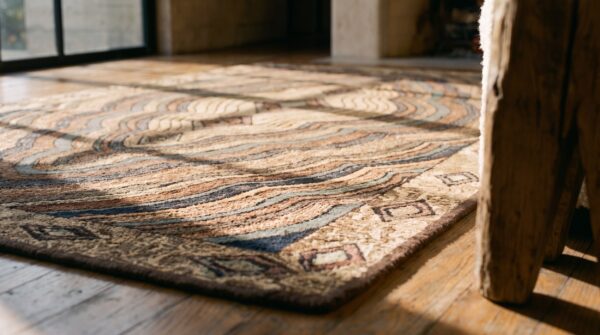 Antique american hooked geometric medallion wool multicolor jewel tones 1930s rug 9 Antique american hooked geometric medallion wool multicolor jewel tones 1930s rug (sku 20072) - in-room detail