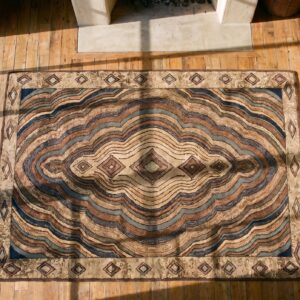Antique American Hooked Geometric Medallion Wool Multicolor Jewel Tones 1930s Rug (SKU 20072) - styled overhead view
