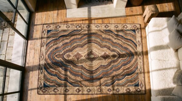 Antique american hooked geometric medallion wool multicolor jewel tones 1930s rug 2 Antique american hooked geometric medallion wool multicolor jewel tones 1930s rug (sku 20072) - styled overhead view