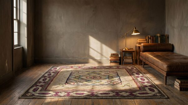 Antique american hooked geometric medallion square rug 11 Antique american hooked geometric medallion square rug (sku 18433) - room view