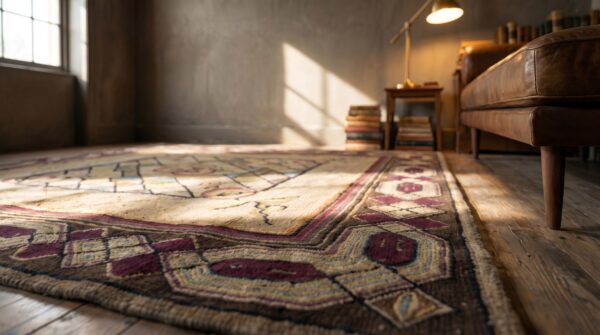 Antique american hooked geometric medallion square rug 12 Antique american hooked geometric medallion square rug (sku 18433) - in-room detail