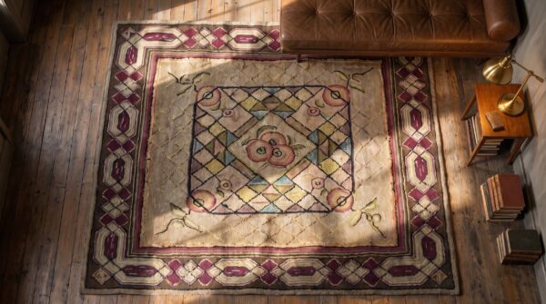 Antique american hooked geometric medallion square rug 2 Antique american hooked geometric medallion square rug (sku 18433) - styled overhead view
