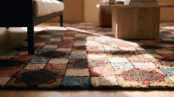 Antique american hooked rug american geometric multicolor 1920s 11 Antique american hooked rug american geometric multicolor 1920s (sku 25072) - in-room detail