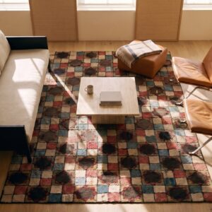 Antique American Hooked Rug American Geometric Multicolor 1920s (SKU 25072) - styled overhead view